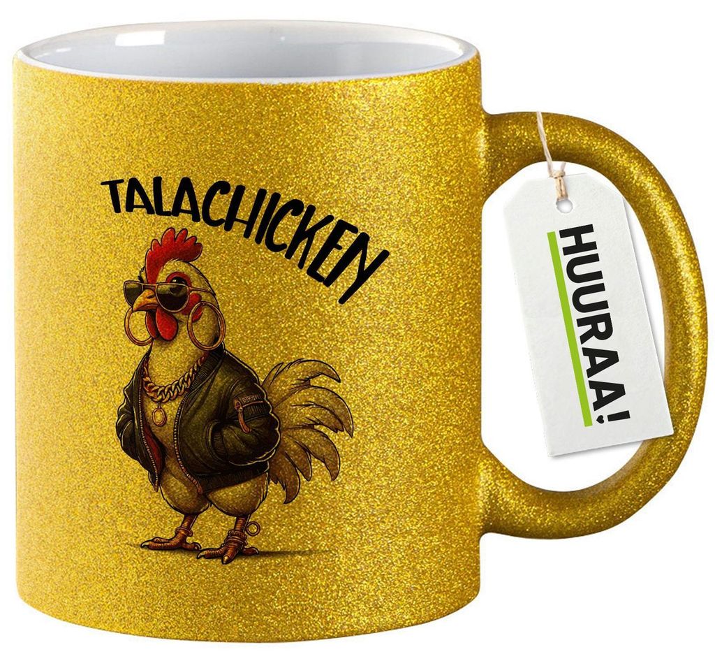 Huuraa Glitzertasse Talachicken Meme Talahon 330ml Gold Keramik Kaffeebecher Geschenkidee
