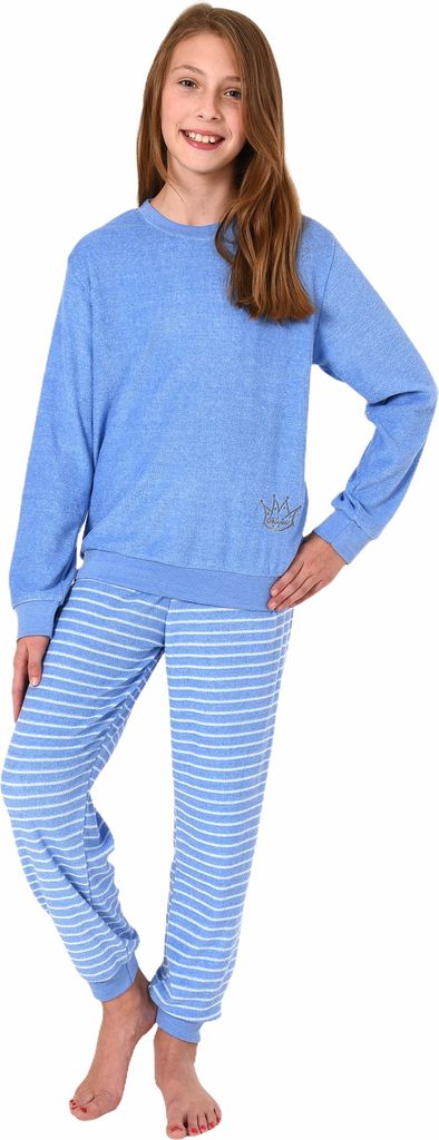 Toller Mädchen Frottee Pyjama Schlafanzug langarm mit Bündchen & Applikation 29140113572 ; hellblau , 140