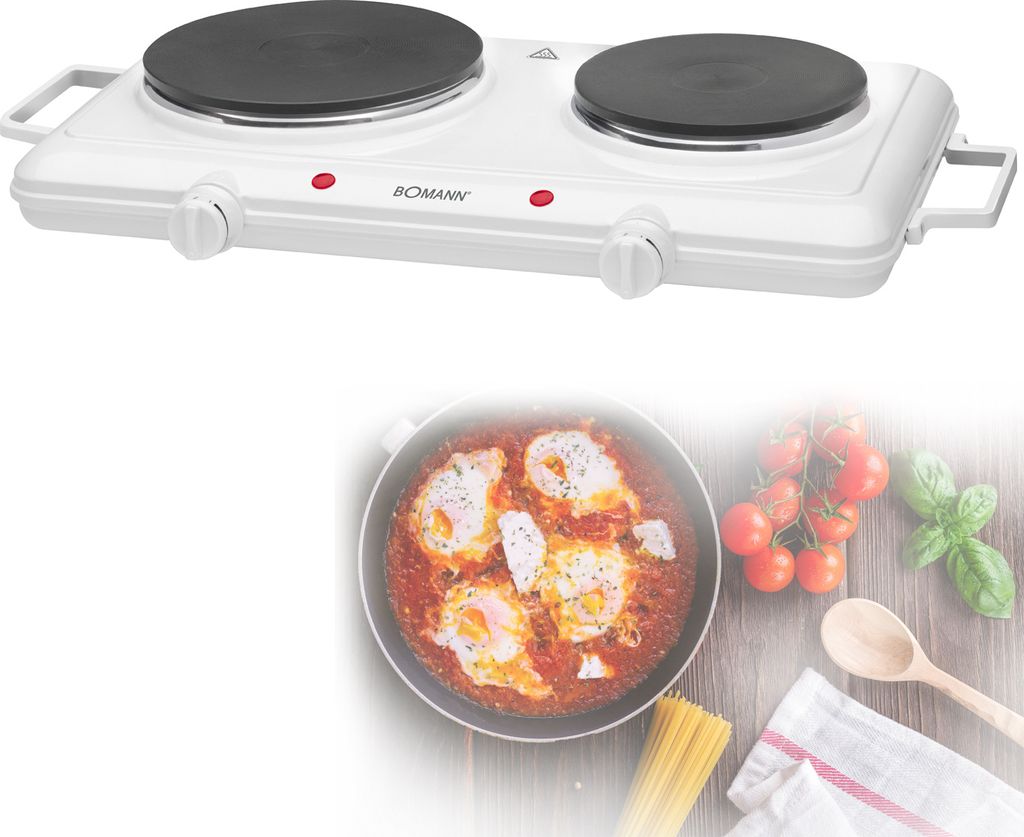 A split image showing a white double hot plate on top and a cooking scene with eggs in a pan, tomatoes, basil, and pasta on the bottom.