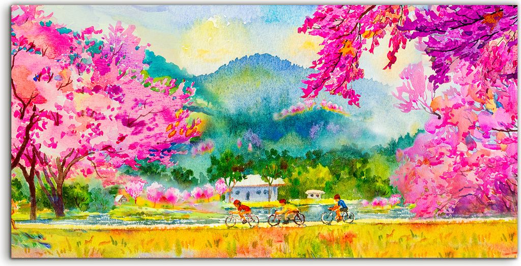 Coloray Canvas 120x60 Wandbild Leinwand Bilder Blume rosa Fahrräder Kind Dorf Wiese