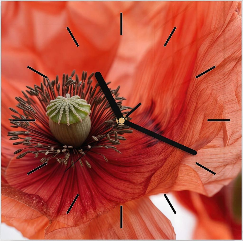 Wanduhr aus Glas mit Motiv Mohnblüten- 30 x 30 cm - inkl. Aufhängesystem