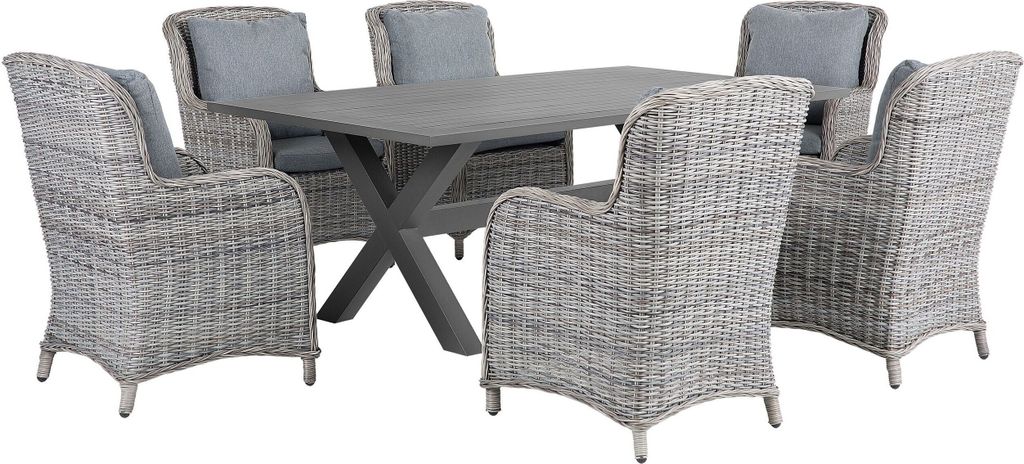 BELIANI Gartenset Grau Rattan u. Aluminium 7-Teilig Rechteckiger Gartentisch mit 6 Sesseln u. Auflagen Modernes Design Outdoor Terrasse Außen