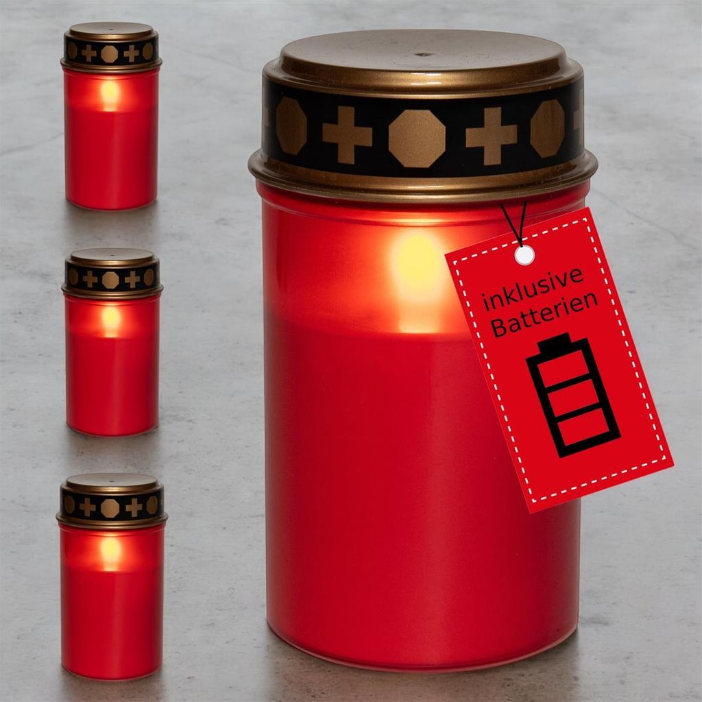 Novaliv LED Grablicht mit Batterie rot 4x Dauerbrenner LED Flackereffekt inkl. Batterien Grabkerzen Friedhofskerze Gedenkkerze Grablaterne Ewiges L...