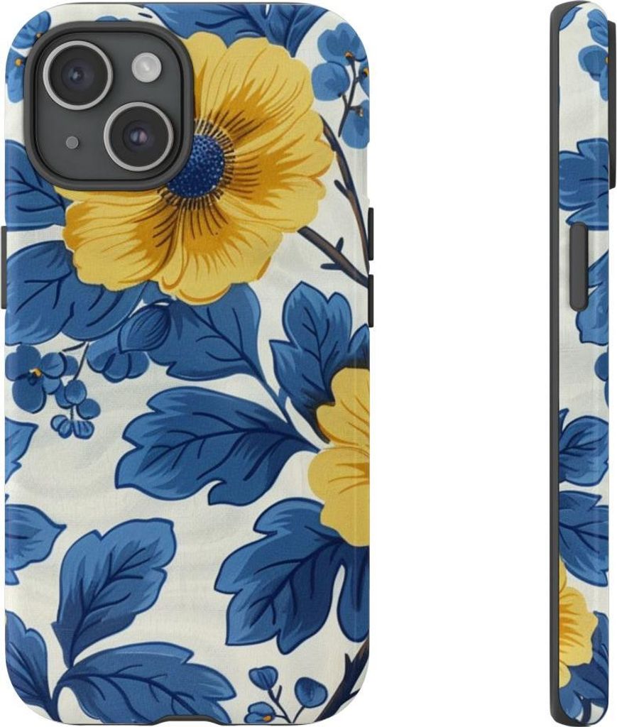 Blau-gelbes Blumenmuster – Hülle Kompatibel mit iPhone 15