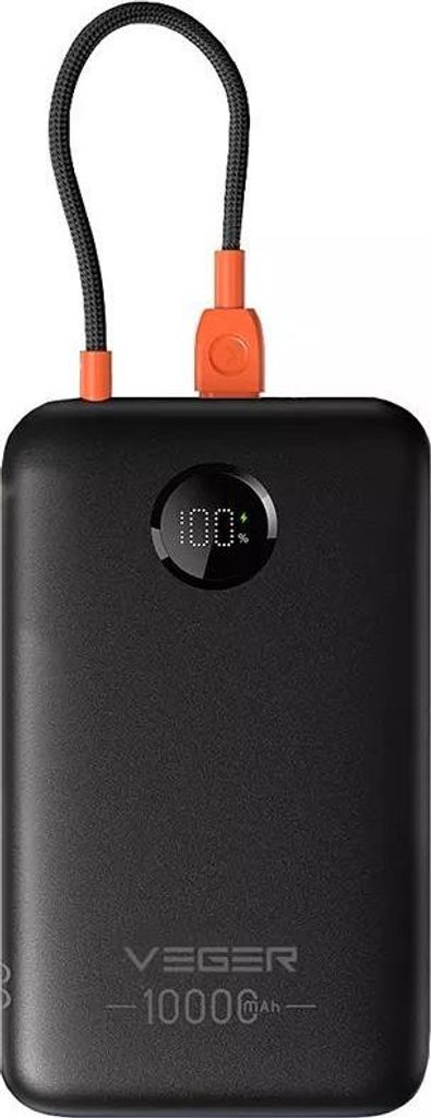 Veger Powerbank 10000 mAh mit integriertem USB-C Kabel, 22,5 W Schnellladen, kompakt – Schwarz