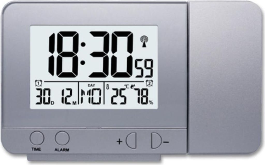 USB-Ladegerät, silberner Wecker mit Zeit- und Temperaturanzeige auf LCD-Bildschirm,silvery