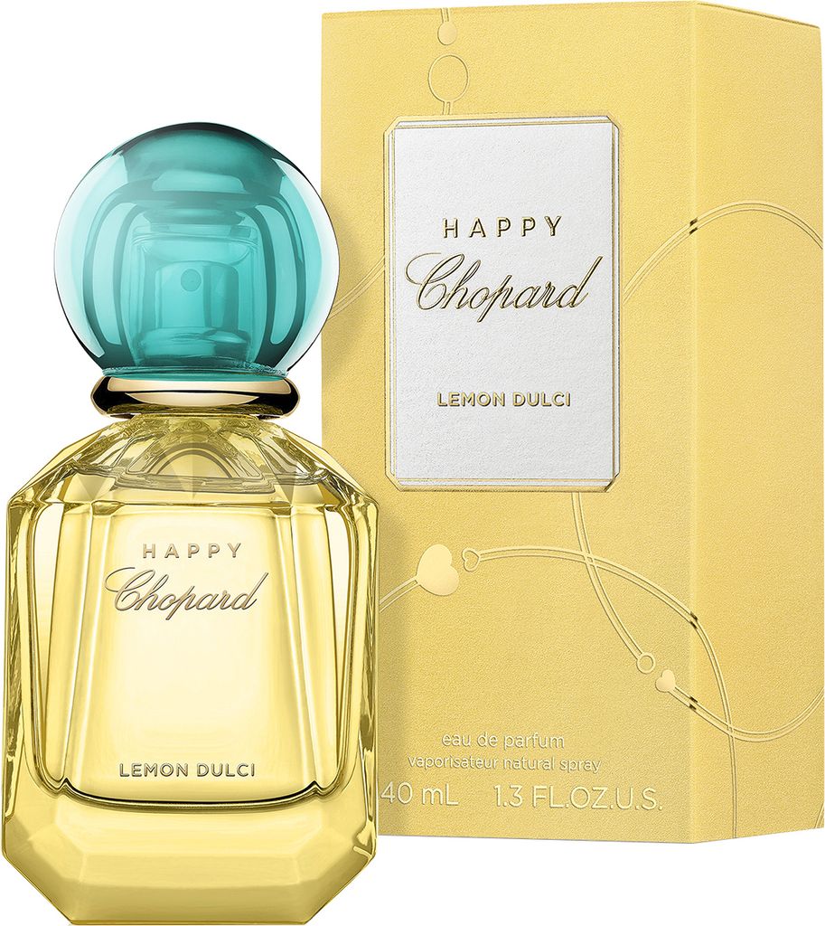 A bottle of Chopard Happy Lemon Dulci Eau de Parfum and its packaging are displayed against a white background.