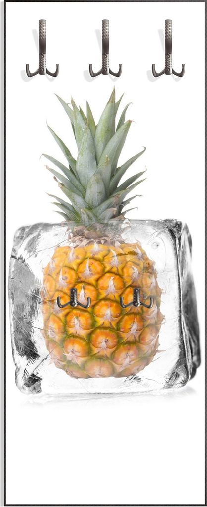 Wallario Flurgarderobe Wandgarderobe aus Holz, mit 5 Haken, Größe 50 x 125 cm, Motiv Ananas in Eiswürfel - Eiskaltes Obst