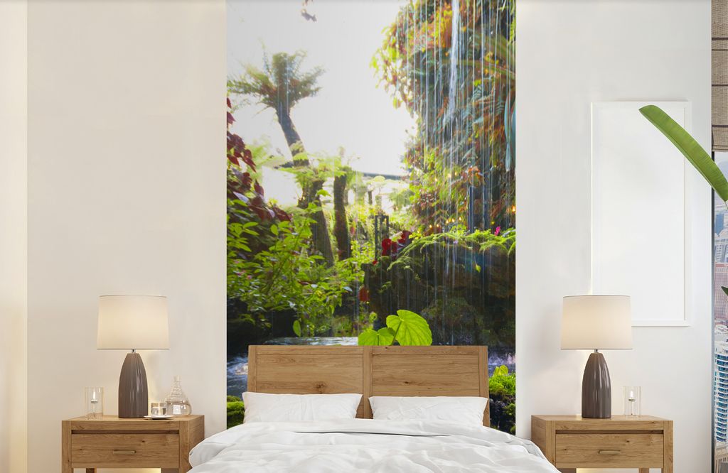 MuchoWow Fototapete für Wohnzimmer oder Schlafzimmer Wandtapete Vinyl Motivtapete Tropischer Wasserfall - 120x240 cm - Hintergrundbild