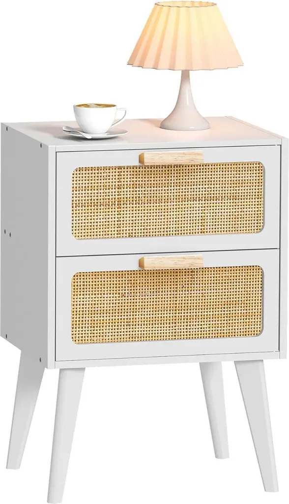 Chevet en Rotin 2 Tiroirs Style Bohème Fait Main, Petit Meuble Chambre