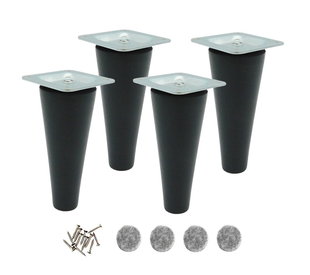 Four black furniture legs with silver mounting plates, screws, and felt pads are arranged on a white background.