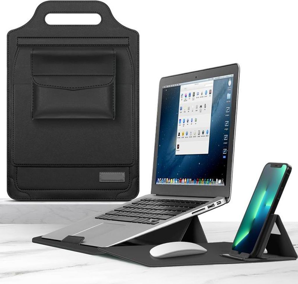 Multifunktionale Laptop-Tasche, Tragbare Halterung, PolyurethanWasserdicht, Faltbarer Ständer mit Handyhalterung, 15-16 inch, Schwarz