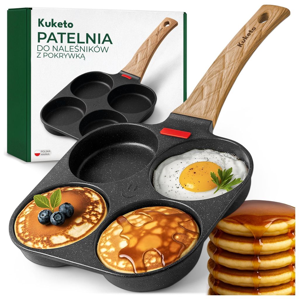 Kuketo | Pancake Pfanne Mit Deckel – 4 Mulden Ø 9 cm, Antihaft Marmorbeschichtung – Induktion & Gas – Bratpfanne Für Eier, Plinsen & Mini-P...