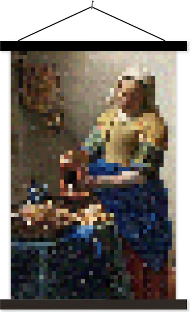 MuchoWow Textilposter Das Milchmädchen - Johannes Vermeer - Pixel 60x90 cm mit schwarzem Rahmen - Poster Wohnzimmer