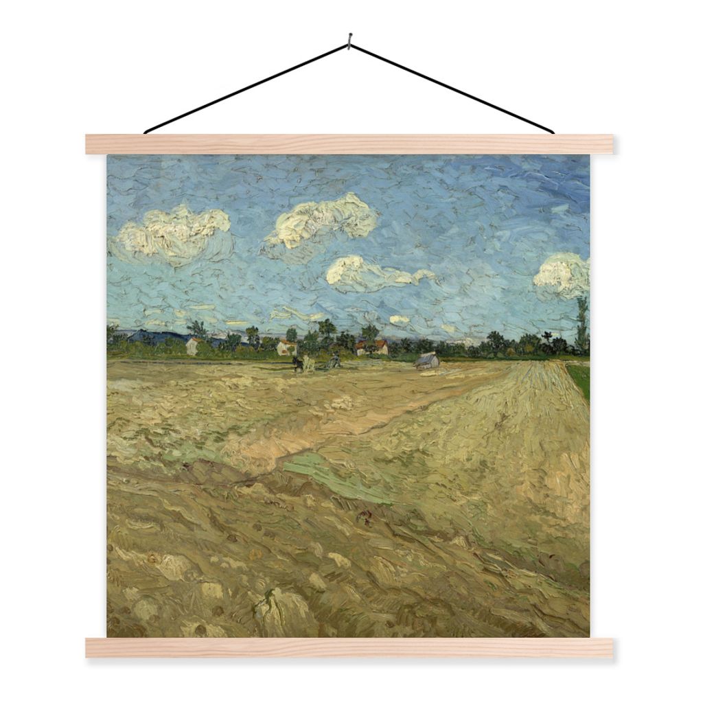 MuchoWow Textilposter Gepflügte Felder - Vincent van Gogh 120x120 cm mit holzfarbenen Rahmen - Textil-Poster