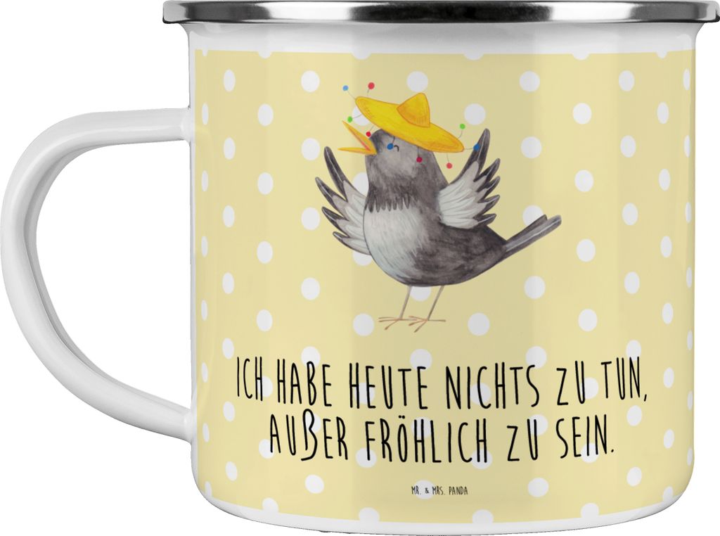 Mr. & Mrs. Panda Teetasse Rabe Sombrero - Gelb Pastell - Geschenk, Emaille Tasse, Teebecher, Spruch Positiv, Vögel, Motivation, Elster, Campingtas...