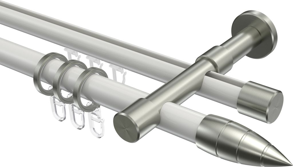 Interdeco Rundrohr-Innenlaufstange / Gardinenstange (Kombination) Weiß / Edelstahl-Optik, Typ Prestige Samanto (Rillenpatrone), 20 mm Ø 2-läufig...