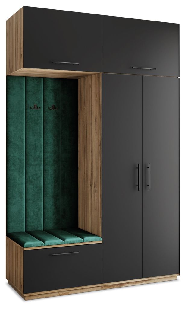 Masseno Garderobe-Set REMA 150/240/60 cm Modern Garderobenschrank Eiche Wotan, Veloursstoff MONOLITH 37 (Grün)