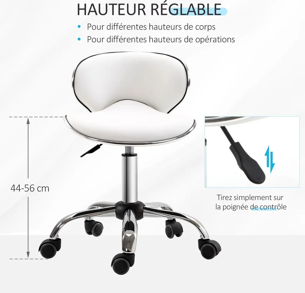 HOMCOM Tabouret à roulettes réglable 44-56 cm avec dossier blanc - 3