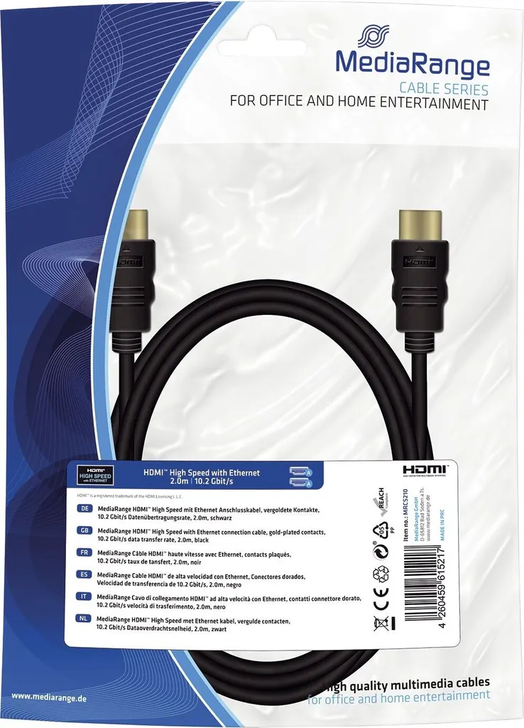 MediaRange MRCS210 Cavo HDMI High Speed - con Ethernet, contatti dorati, velocità di trasferimento dati 10,2 Gbit/s, 2 m, nero
