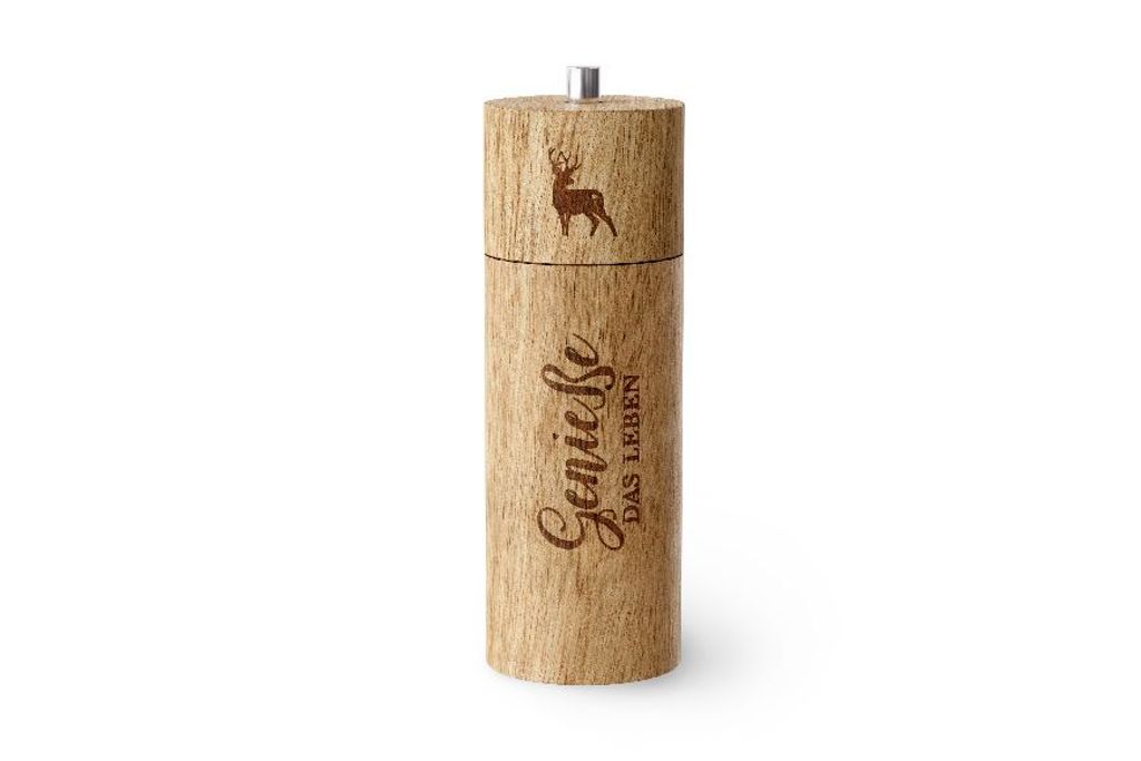 Pfeffermühle "Genieße das Leben", Holz braun, 17 x 5,5 cm, Produktbild 