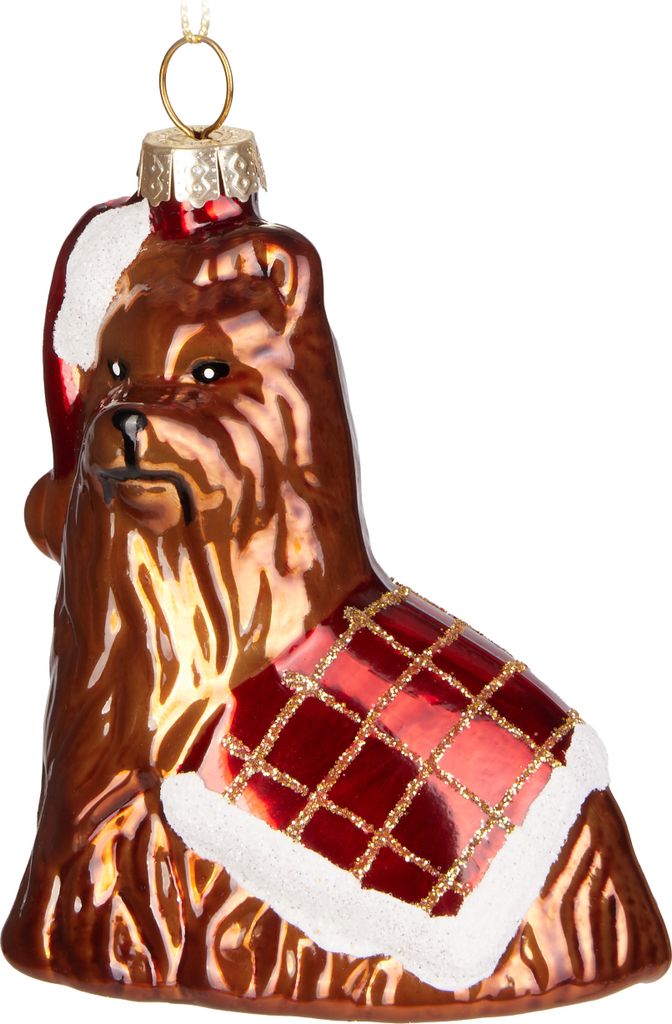 BRUBAKER Hund mit Tartan Decke und Weihnachtsmütze Rot Grün - Handbemalte Weihnachtskugel Yorkshire Terrier aus Glas - Christbaumschmuck - 9,4 cm