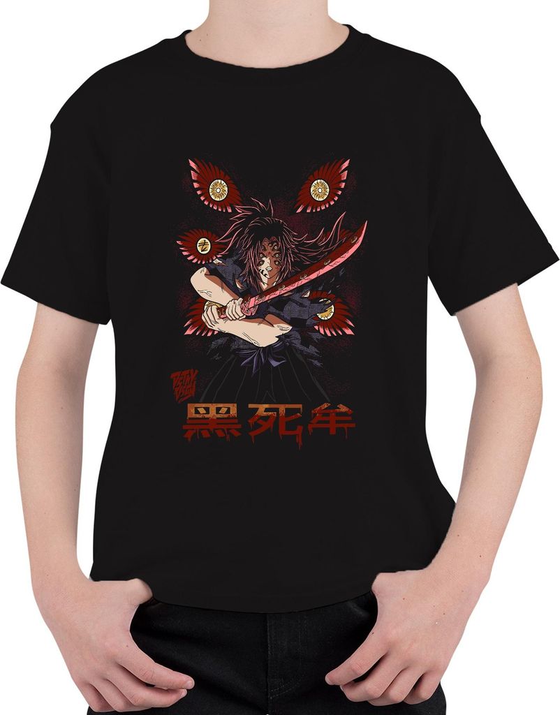 Anime Dämon Samurai Katana rote Klinge blutig düster Uni Kinder T-Shirt, Schwarz, 104