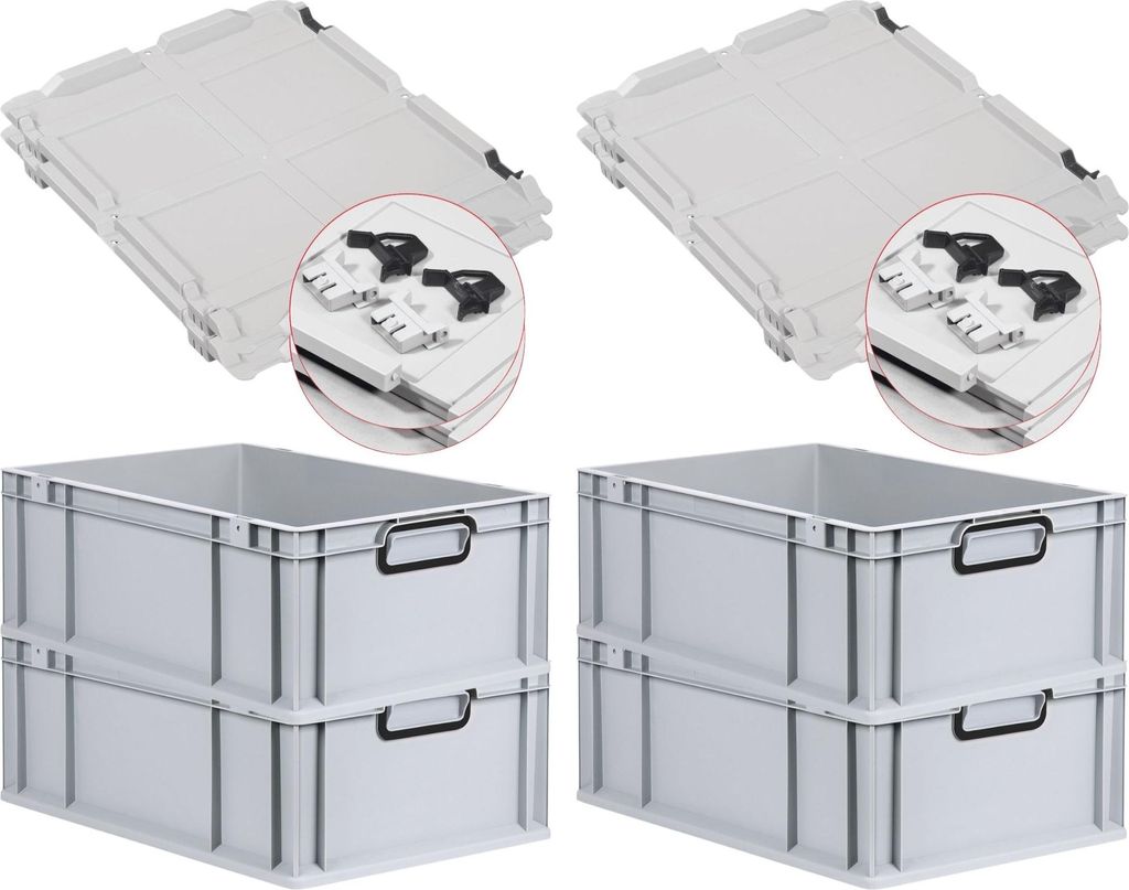 SuperSparSet 4x Eurobox NextGen Color mit Scharnierdeckel und Schiebeschnappverschlüssen | HxBxT 22x40x60cm | 44 Liter | Grau | Griffe schwarz ges...