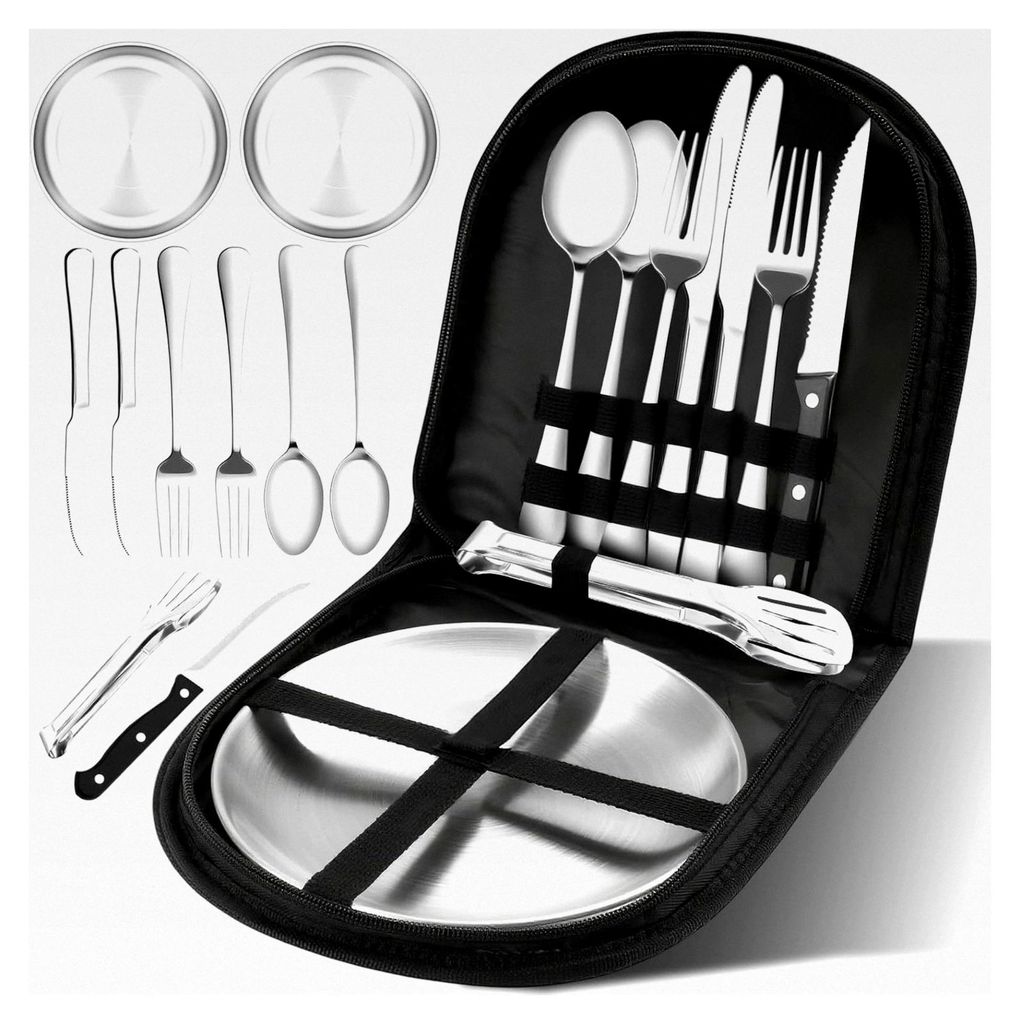 Camping Geschirrset für 2 Personen, 10-teiliges Edelstahl Besteck, platzsparend für Outdoor-Aktivitäten, Picknick, Grillen und Wandern