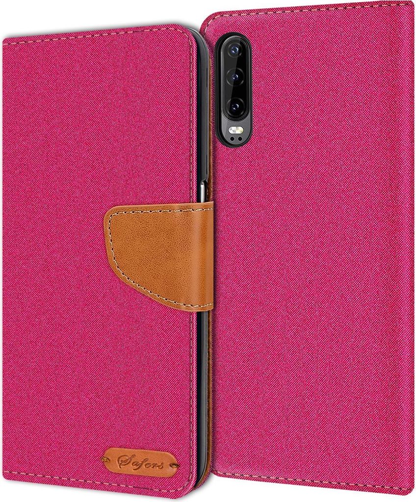 Conie Jeans Style Klapp Tasche für Huawei P30 Kartenfach Hülle Rundumschutz in Pink