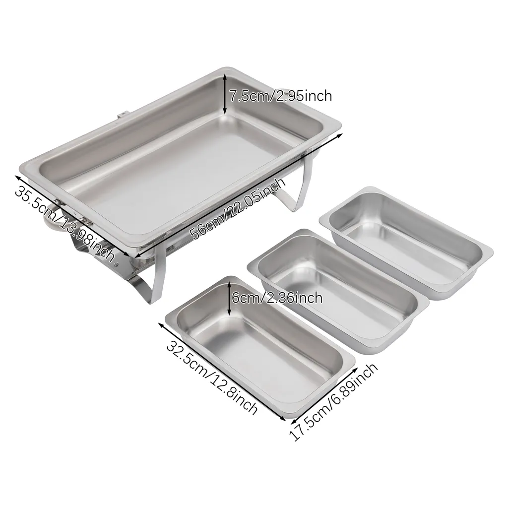 Chafing Dish Rectangulaire 9L Argenté - Réchaud de Buffet 3 Récipients - 12