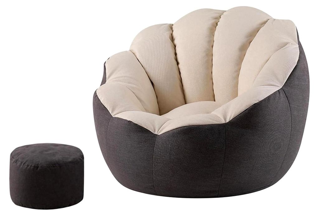 Sitzsackbezug (OHNE FÜLLUNG) mit Fußhockerbezug - Samt Muschel Sessel für Erwachsene und Jugendliche, Sitzsackhülle, Gaming Lounge, 95cm, Beige...