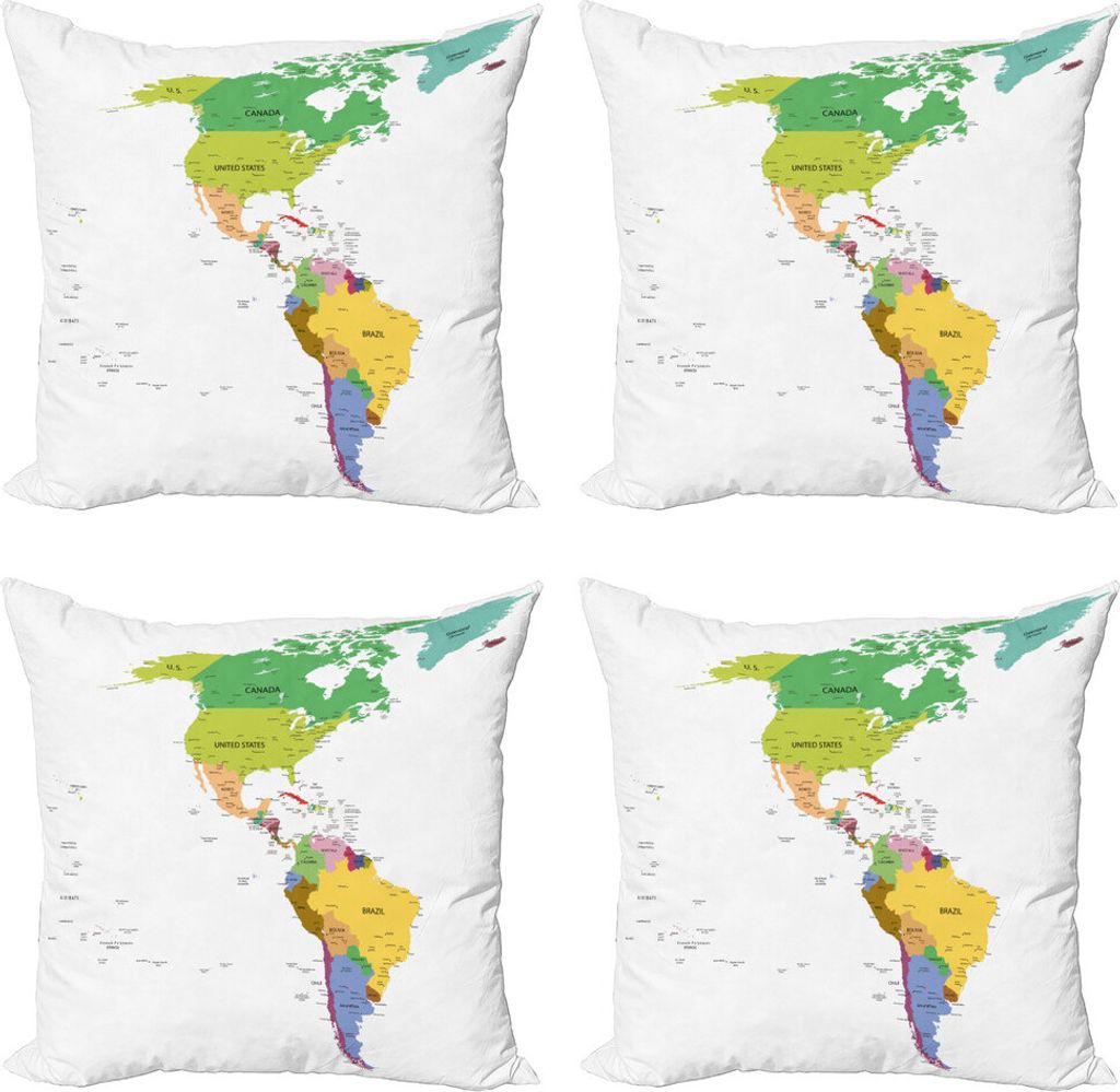 ABAKUHAUS Karte Kissenbezug Set (4 Stück), Süd- und Nordamerika, Moderner Doppelseitiger Digitaldruck, 45 cm x 45 cm, Mehrfarbig