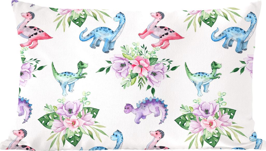 MuchoWow Zierkissen Sofakissen Wohnzimmer Dekokissen 60x40 cm Dinosaurier - Kinderzimmer - Blumen - Mädchen - Kinder - Rosa - Kind - Kopfkissen ...