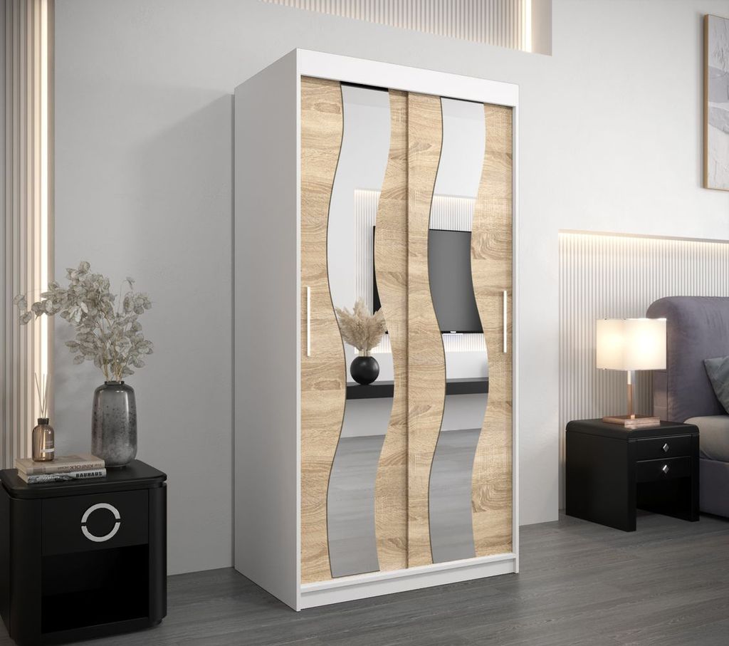 Kleiderschrank mit Spiegeln HERTA – Breite 100 cm, weiß/Sonoma-Eiche