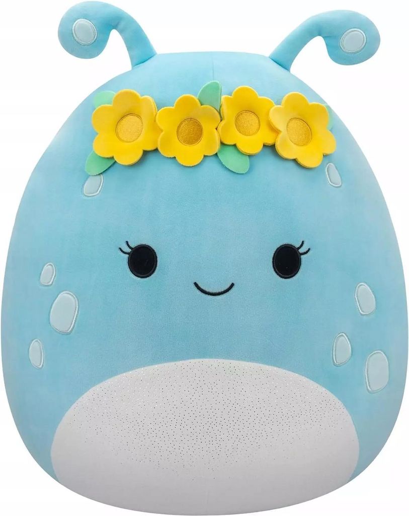 A blue plush toy with yellow flowers on its head, set against a white background.
