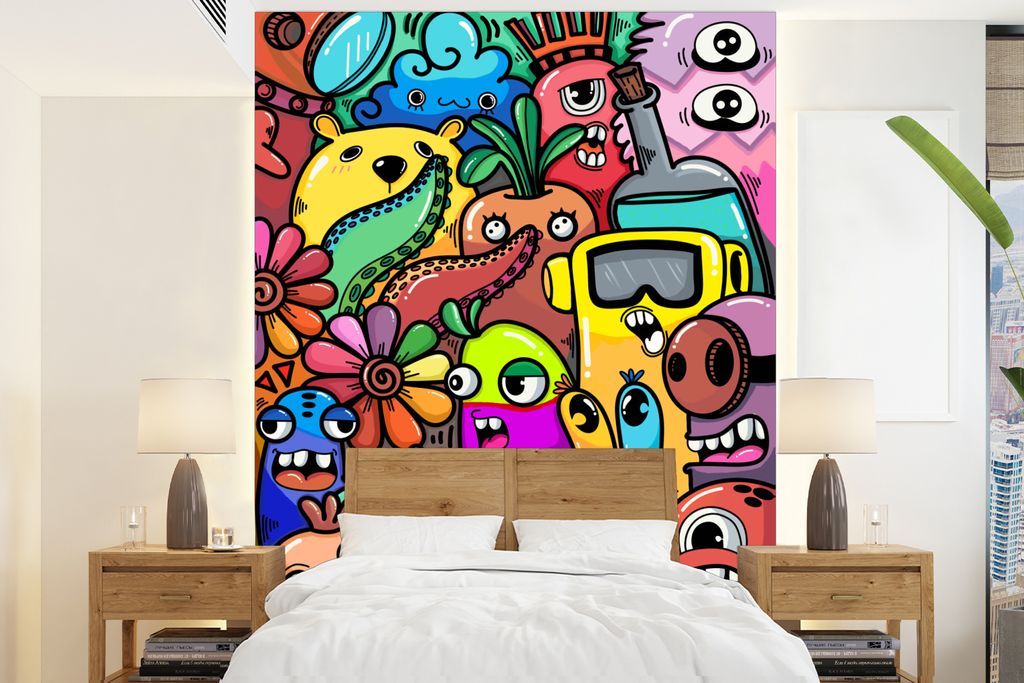 MuchoWow Fototapete für Wohnzimmer oder Schlafzimmer Wandtapete Vinyl Motivtapete Monster - Muster - Gemüse - Blumen - Regenbogen - Kinder - 19...