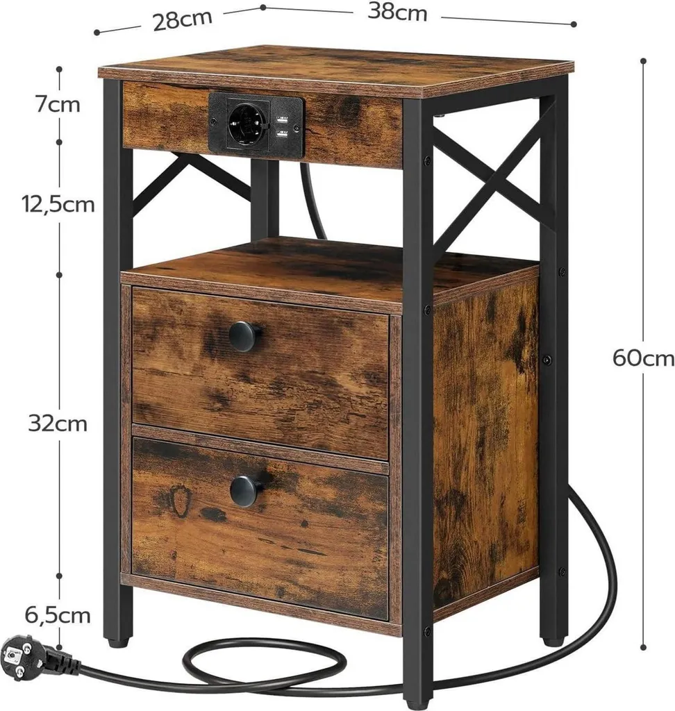 Table de Chevet Connectée Marron Vintage avec Double Tiroir de Rangement - 3