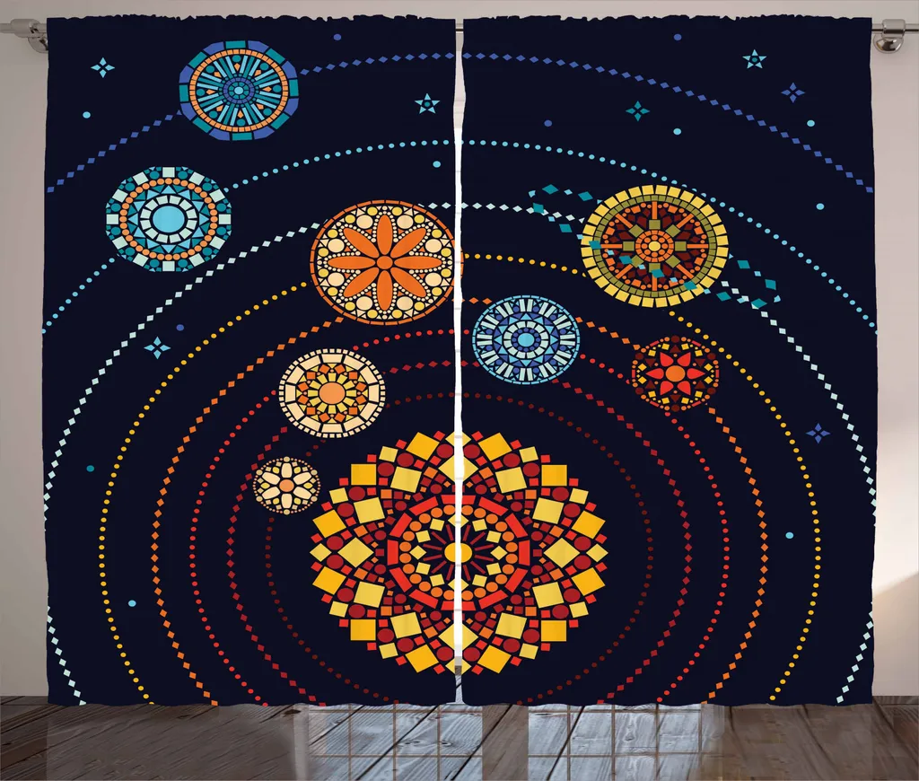 ABAKUHAUS Galaxy Mandala Tenda rustica, Planet, Tenda con nastro arricciato per camera da letto con passanti e ganci, 280 x 245 cm, multicolore