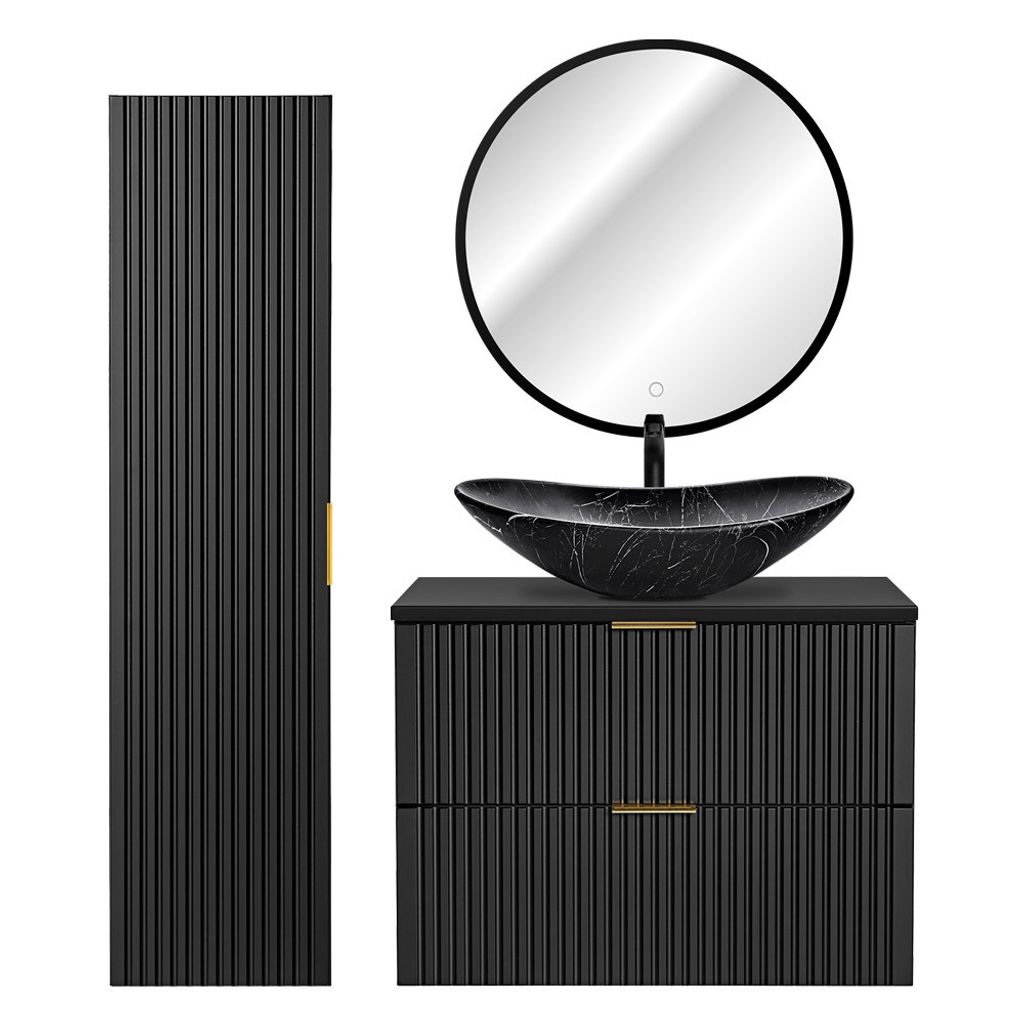 Badmöbel Set mit 81cm Waschtisch, Hochschrank, LED-Spiegel und Keramik-Waschbecken, schwarz matt gerillte Front, ADELAIDE-56-BLACK, B/H/T ca. 130/...