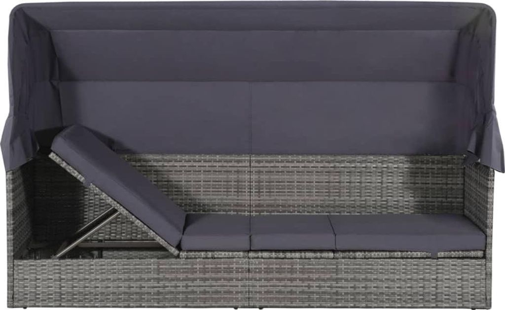 A grey rattan garden bed with a dark grey canopy and cushions, shown from a top-down view with one section of the cushion reclined.