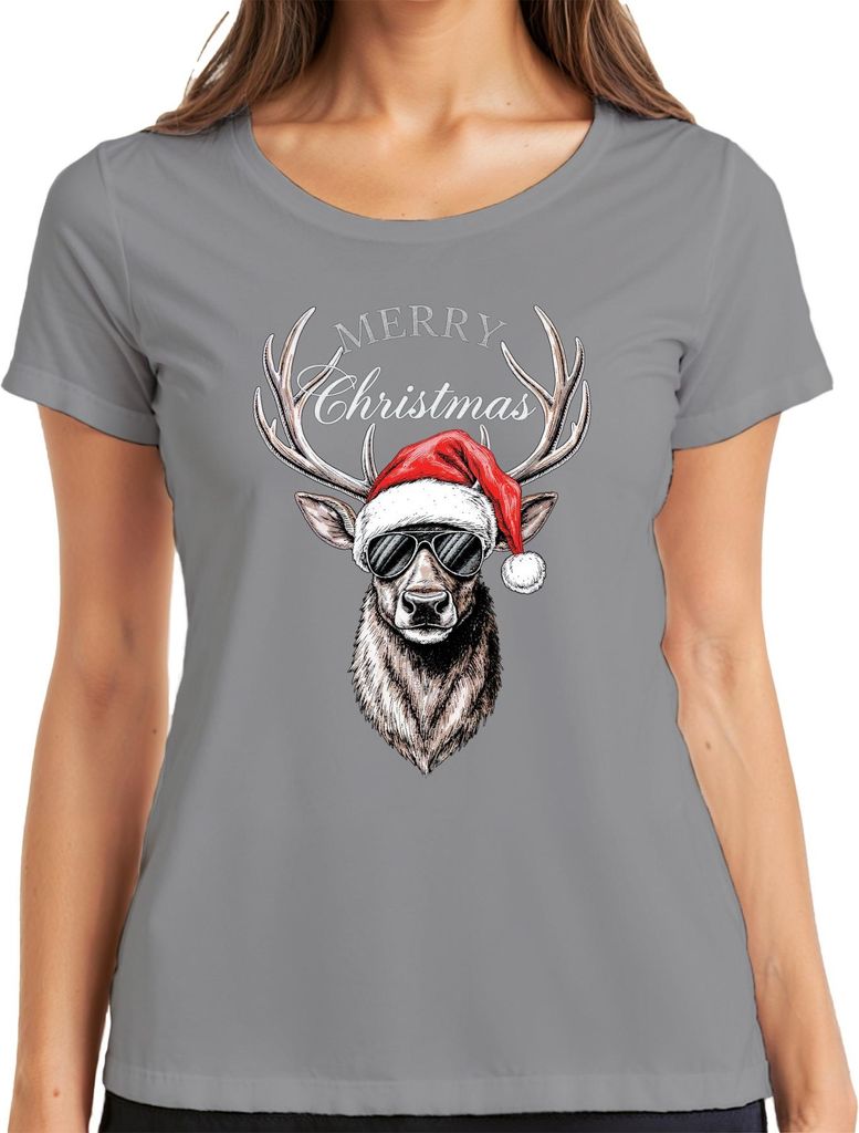 Rentier Weihnachten Merry Christmas Weihnachtsmütze Sonnenbrille Damen T-Shirt, Grau, M