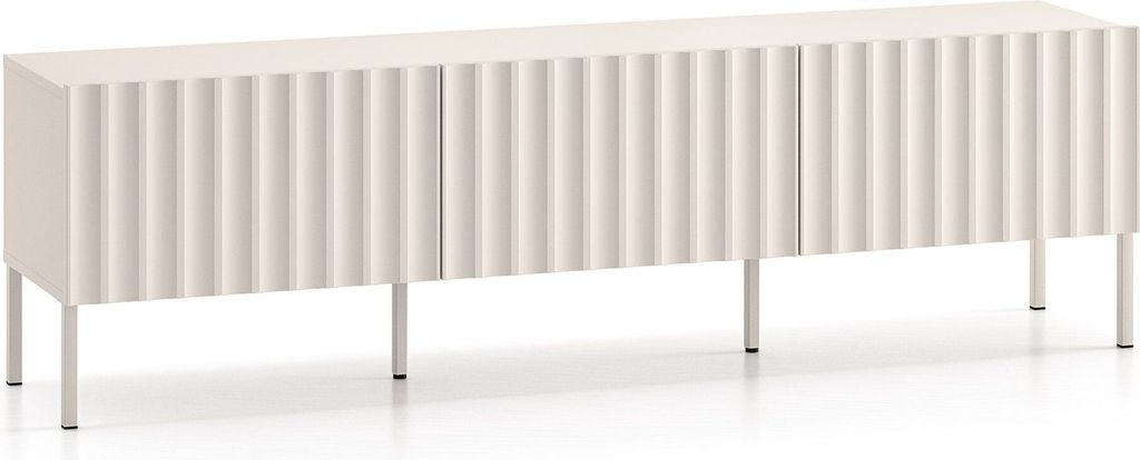 A light beige TV lowboard with fluted fronts and thin metal legs, presented on a white background.