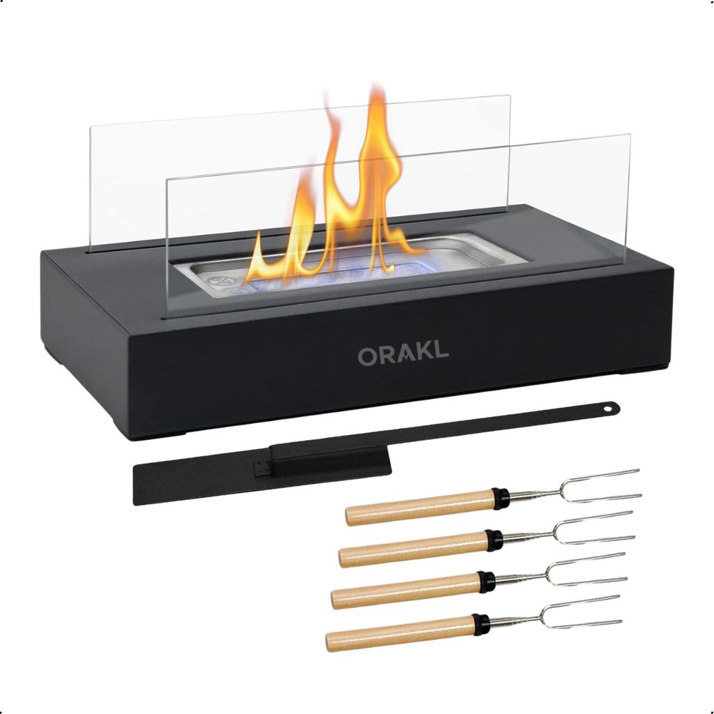 Orakl - Hochwertiger Tischkamin Torch - mit Edelstahl Sockel & Gehärtetes Glas - Tischkamin - Tischfeuer - Bioethanol Tischkamin