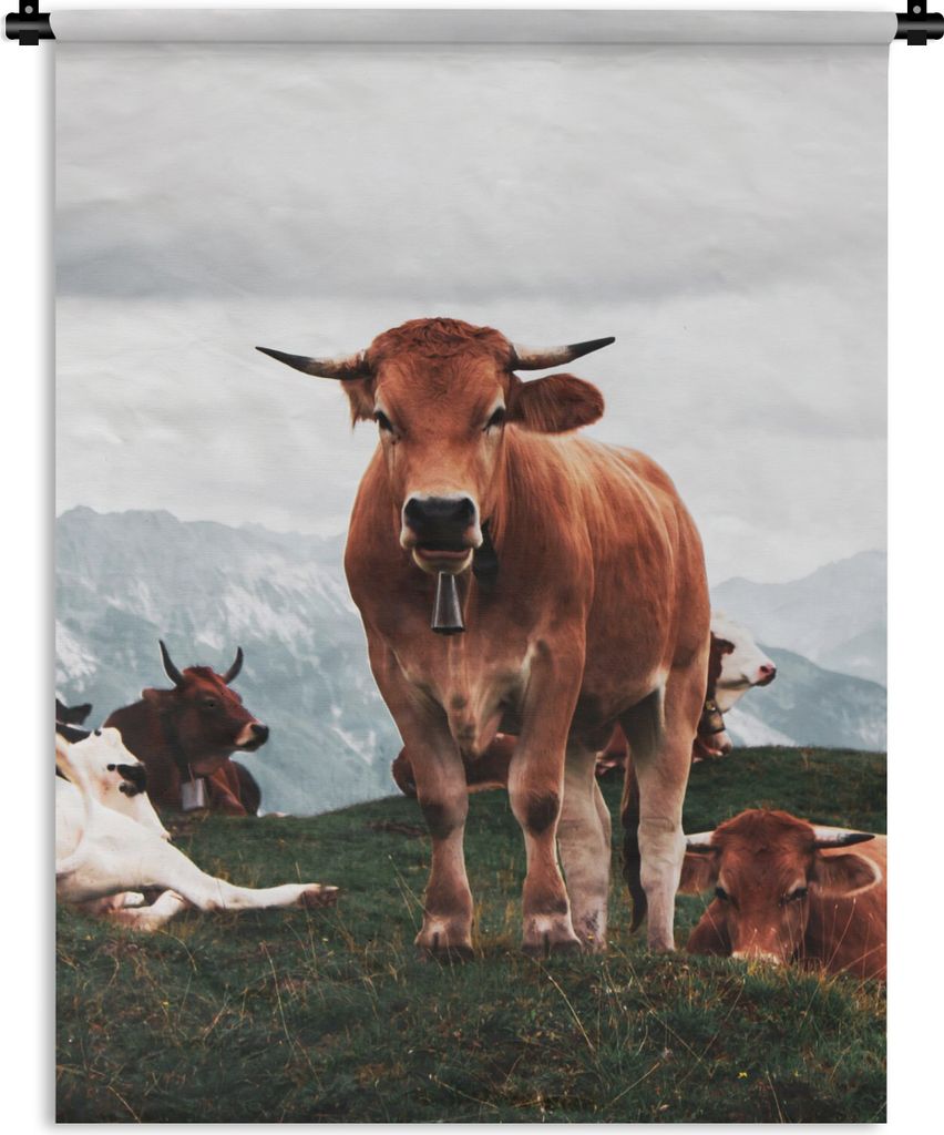MuchoWow Wandteppich Wandbehang Tiere - Kuh - Berg 150x200 cm Tapisserie Dekoration Wandtuch - Wandaufhängung - Moderner