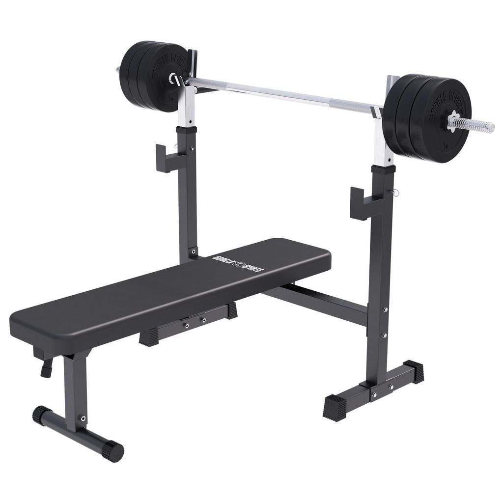 GORILLA SPORTS Hantelbank - mit Ablage, 40kg Set, 170cm Langhantel, 6x5 kg Scheiben, Klappbar, Schwarz - Trainingsbank mit Gewichten, Kraftstation