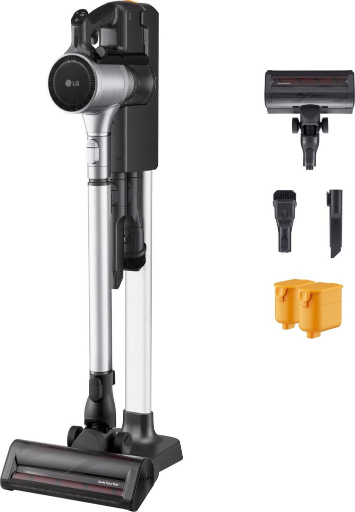 A cordless vacuum cleaner and its accessories are displayed against a white background.