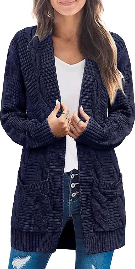 ASKSA Damen Langarm Strickjacke Mittellange Elegant Mantel Open Front Zopfstrick Sweater mit Taschen, Dunkelblau, L
