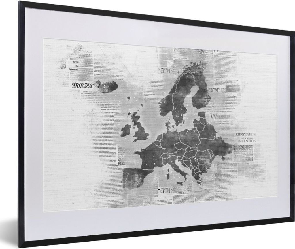 MuchoWow Gerahmtes Poster Europakarte auf Zeitungspapier - schwarz und weiß 60x40 cm - Poster mit Schwarzem Bilderrahmen Wandposter Rahmen Foto ...