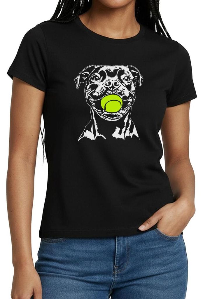 Spreadshirt Stafford Bull Terrier Mit Tennisball Frauen T-Shirt, L, Schwarz